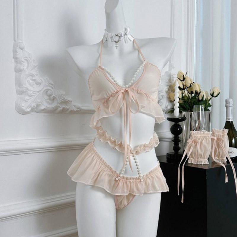 Sexy underwear Sexy breast pearl neck three-point lace uniform hip perspective cute woman