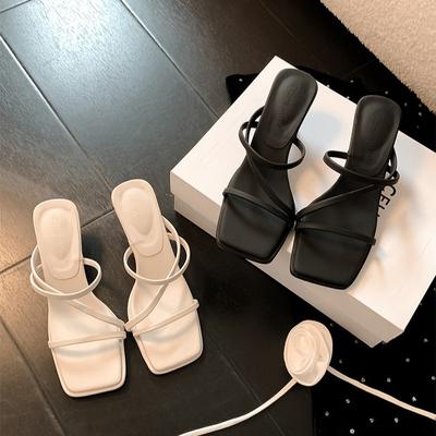 Cowhide Version of the Same Style, Seoul Sister~ Summer Temperament Square Head Transparent Word with Open Toe Middle Heel Sandals Women's Leather