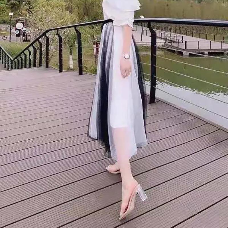 WTEMPO Dámské síťované sukně Jaro Léto Elegantní tylová sukně Dámská elastická s vysokým pasem Dlouhé skládané sukně Dvoubarevná panelová tutu sukně