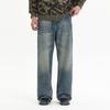 American retro old loose straight jeans men's big horn splicing personality trend lazy wind denim trousers