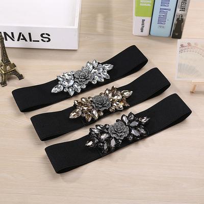 Rose Rhinestone Embellished Elastic Waist Belt - Women's Dress Accessory, Feather Black Waist Cincher, Waist Belt