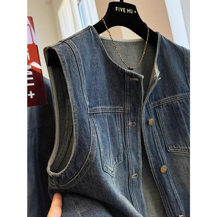 Vintage Women Denim Vest Jacket 2026 Spring Summer Sleeveless Casual Top Blue Jean Waistcoat Coat Lady Oversize Pocket Outerwear