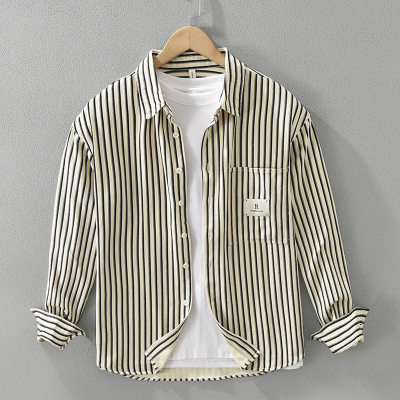 Japanese Retro Striped Casual Shirt Jacket with a High-End Feel, New Hong Kong Style Artistic Men's Long-Sleeved Shirt, Versatile