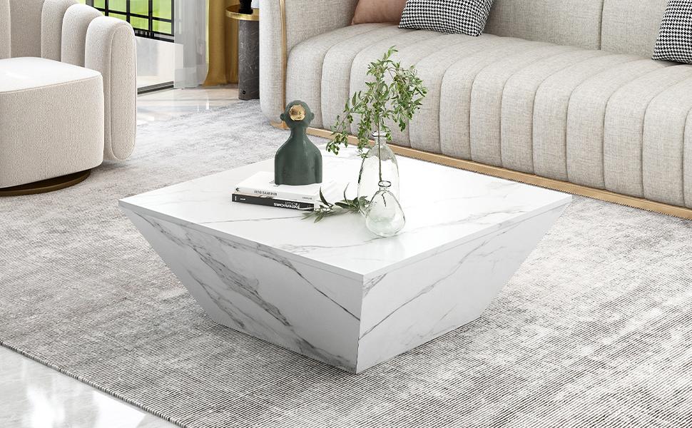 Tavolino da caffè a tamburo moderno, Tavolino da caffè trapezoidale con impiallacciatura in marmo bianco, Tavolo da soggiorno 70*70*37cm