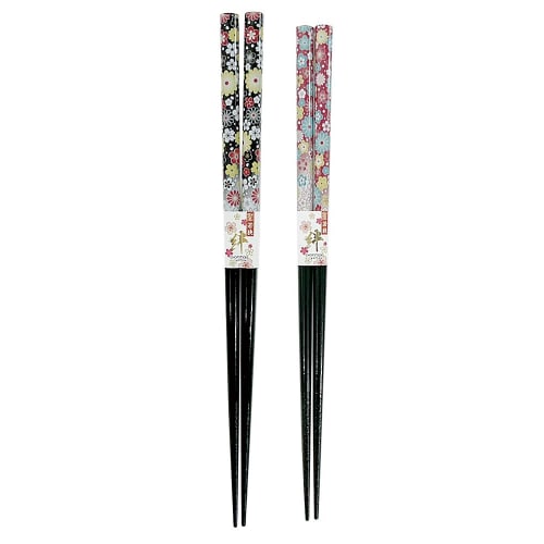 Matching Pair of Floral Chopsticks for Grandparents, Black and Red, Dishwasher-Safe, with Designed Paulownia Wood Box and Gift Wrapping, Perfect for R
