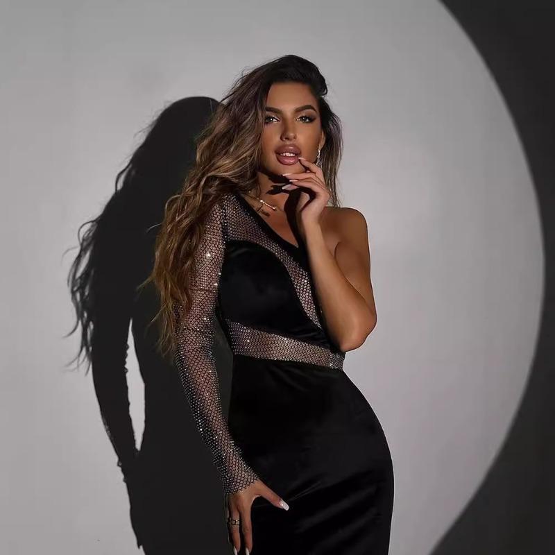 Women's Fashion One-shoulder Skew Neck Slim Sexy Mesh Perspective Splicing Spice Girl Dress
