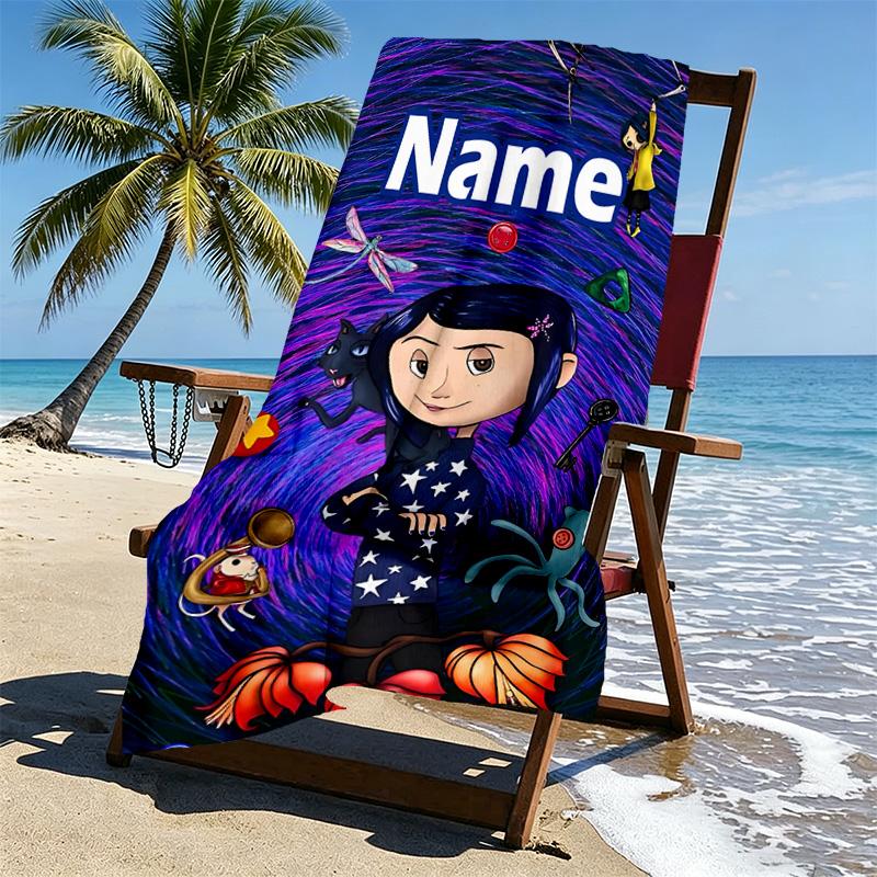 Custom Name Personalized Coraline Print Beach Towel, for Trip Camping Beach Party Home Decor, Birthday Gift for Family & Friends