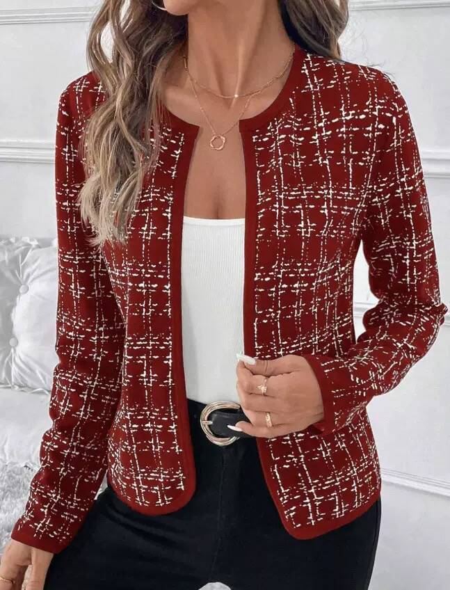 Women's Long Sleeve Cardigan Round Neck Elegant Tweed Jacket Houndstooth Pattern Casual Outerwear Fall Coat
