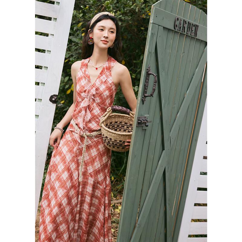 Vintage Red Plaid Halter Neck Ruffled Blouse S