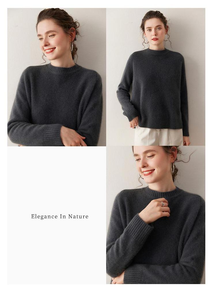 Women's Cashmere Sweater - Round Neck, Solid Color, Comfortable Loose Fit, Saddle Shoulder Knit Base Layer for Autumn & Winter.