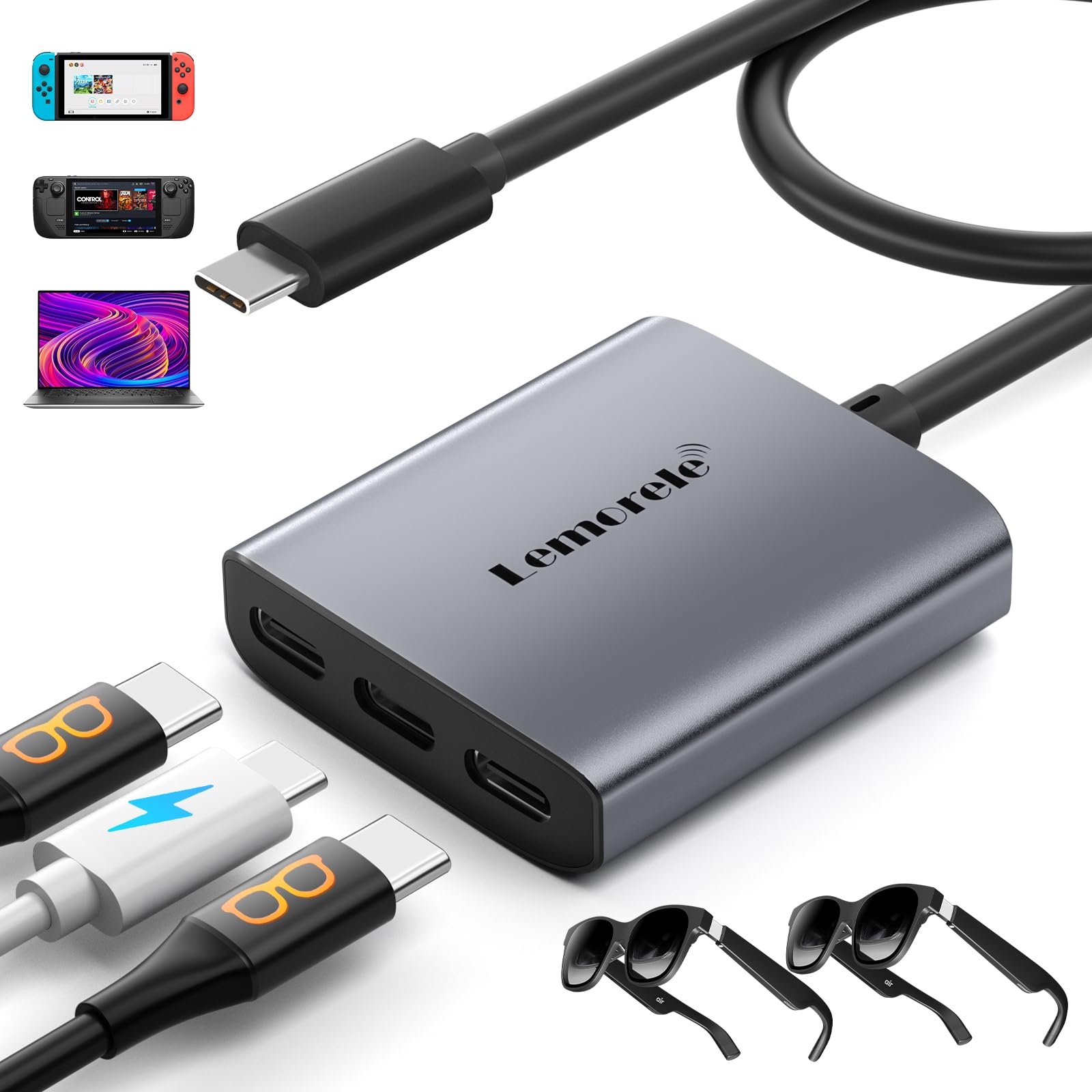 

Конвертер AR-окулярів Xreal One, 4K60Hz, Швидка зарядка 100 Вт, Адаптер USB-C 1 вхід 2 виходи, Сумісний з VITURE One, Rokid Max, RayNeo, MacBook,