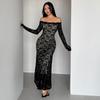 Women Lace Maxi Dress Sexy Off Shoulder Long Sleeve Bodycon Elegant Wedding Evening Party Cocktail Long Sheer Dress