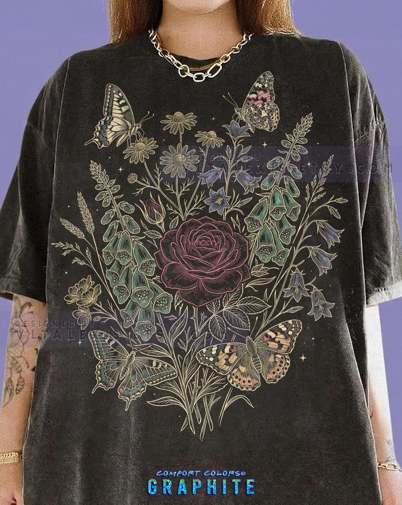 Rose Wildflowers & Butterflies Botanical Comfort Colors® T-Shirt, Dark Aesthetic Tee