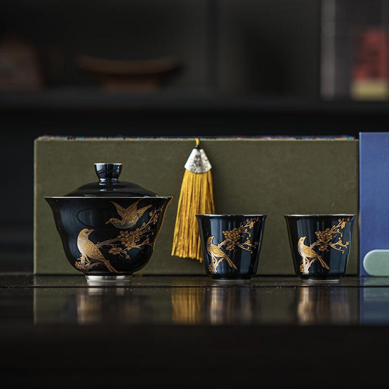 Su s Ceramic Silver-Plated Joyful Magpie Gaiwan Tea Set