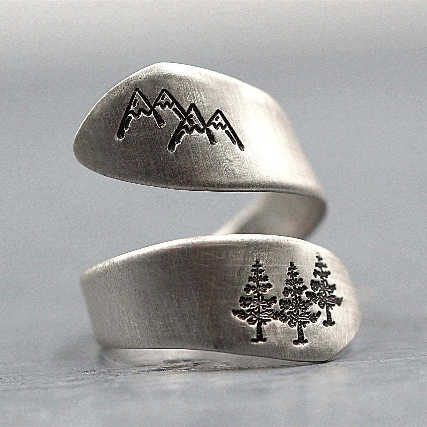 Handmade Brushed Mountain Peak Green Tree Forest Winding Ring