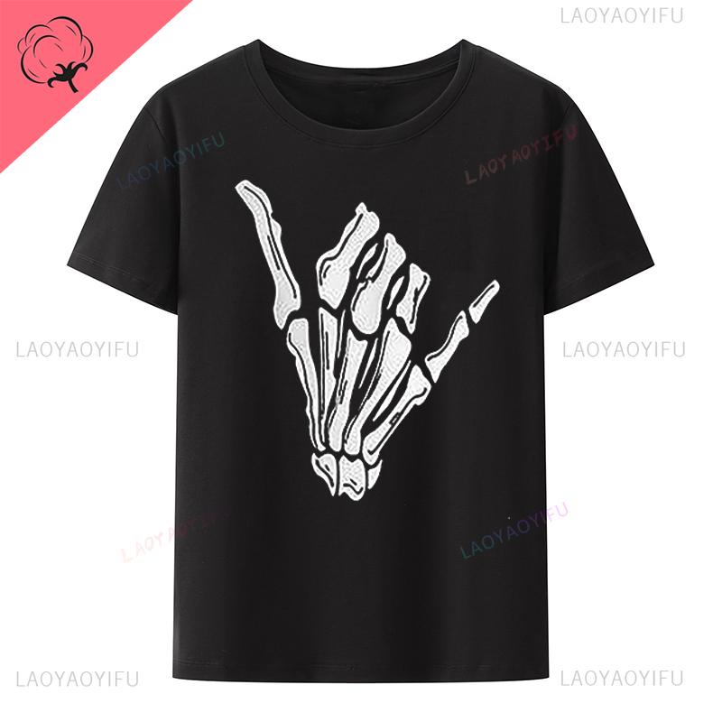 Halloween Finger Skeleton Printed  Tshirt Gothic Street Fashion Oneck Cotton Short Sleeve Tee Loose Breathable Hipster Tops