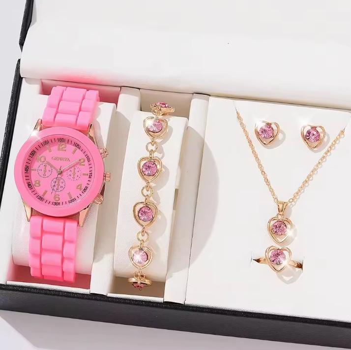 5-delige set Niche Mode Veelzijdige Stalen Riem Horloge Oorbellen Ketting Armband Ring Set Geen Cadeaubox