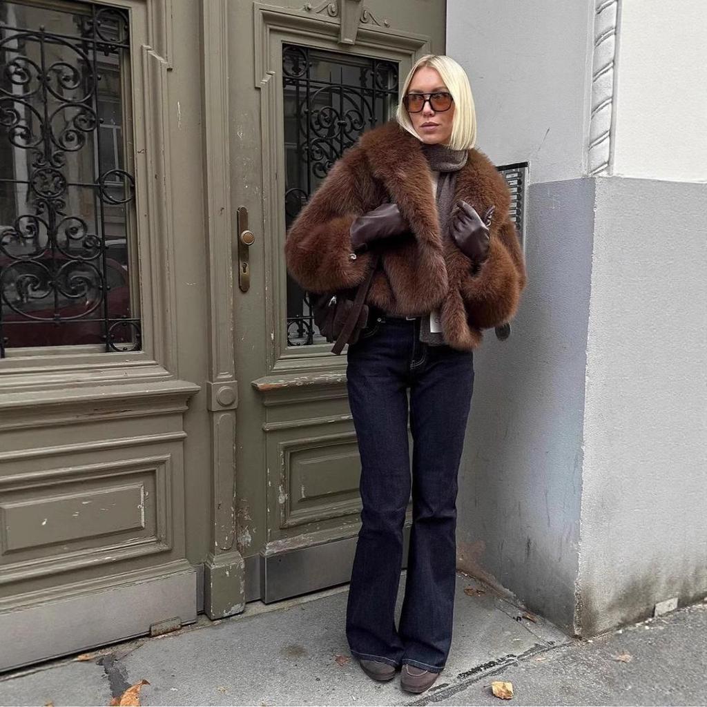 Vintage-Style Eco-Friendly Faux Fur Short Jacket In Brown - European & American Winter Women's Fashion