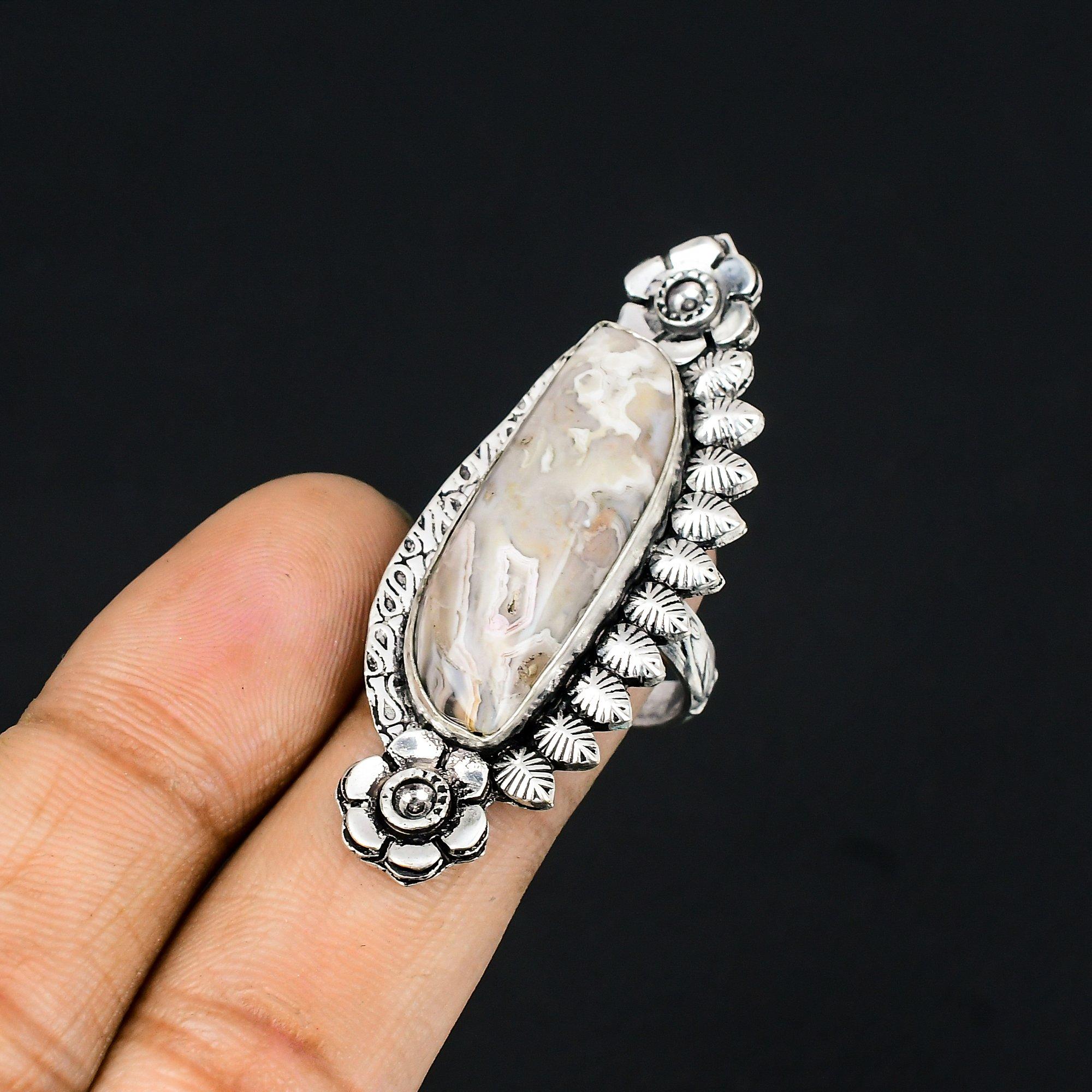 Sterling Silver Crazy Lace Agate Gemstone Mother Flower Statement Ring Size 7.5 7.5