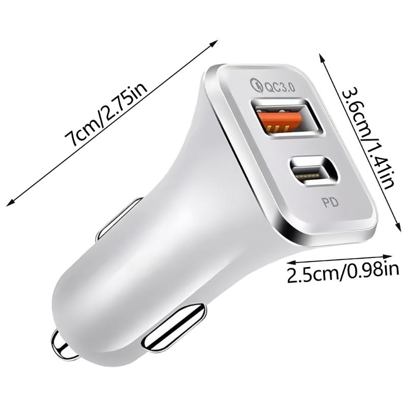 38W Car Charger with USB Type C and Standard USB A Port for 2 Devices Power Supply Support QC3.0 Charge