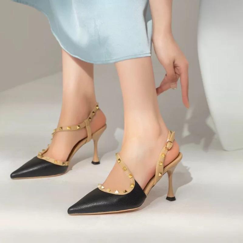 New Retro Woman Shoes Sandals Stiletto Heels Suit Female Beige Original Gladiator Sexy Studded Leather High Girls Black