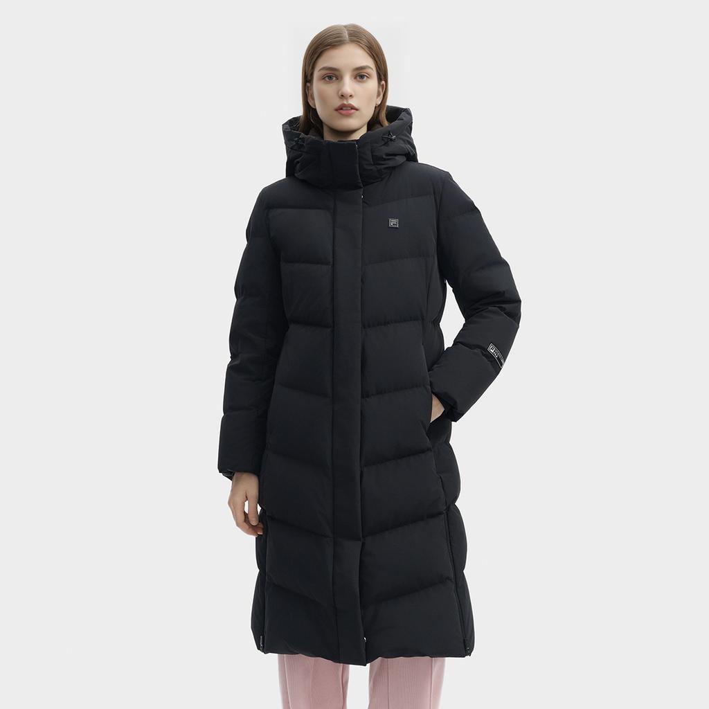 Fila Warme Lange Kapuzen-Daunenjacke Damen Oberbekleidung Schwarz F11W443905FBK