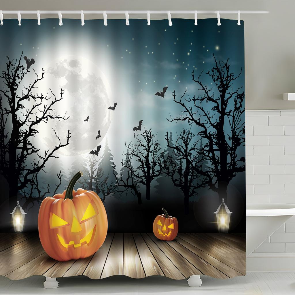 Halloween Skull Shower Curtains Crow Spooky Forest Pumpkin Castle Moon Black Bats Horror Night Bathroom Decor Fabric with Hooks
