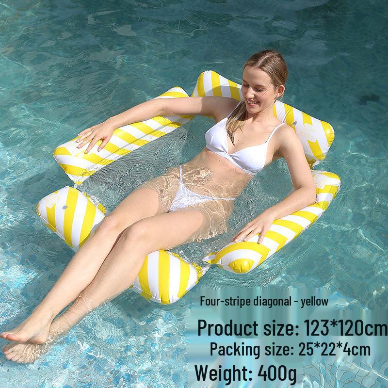 Portable Foldable PVC Striped Water Lounge Chair with Hanging Net - Single Inflatable Floating Bed