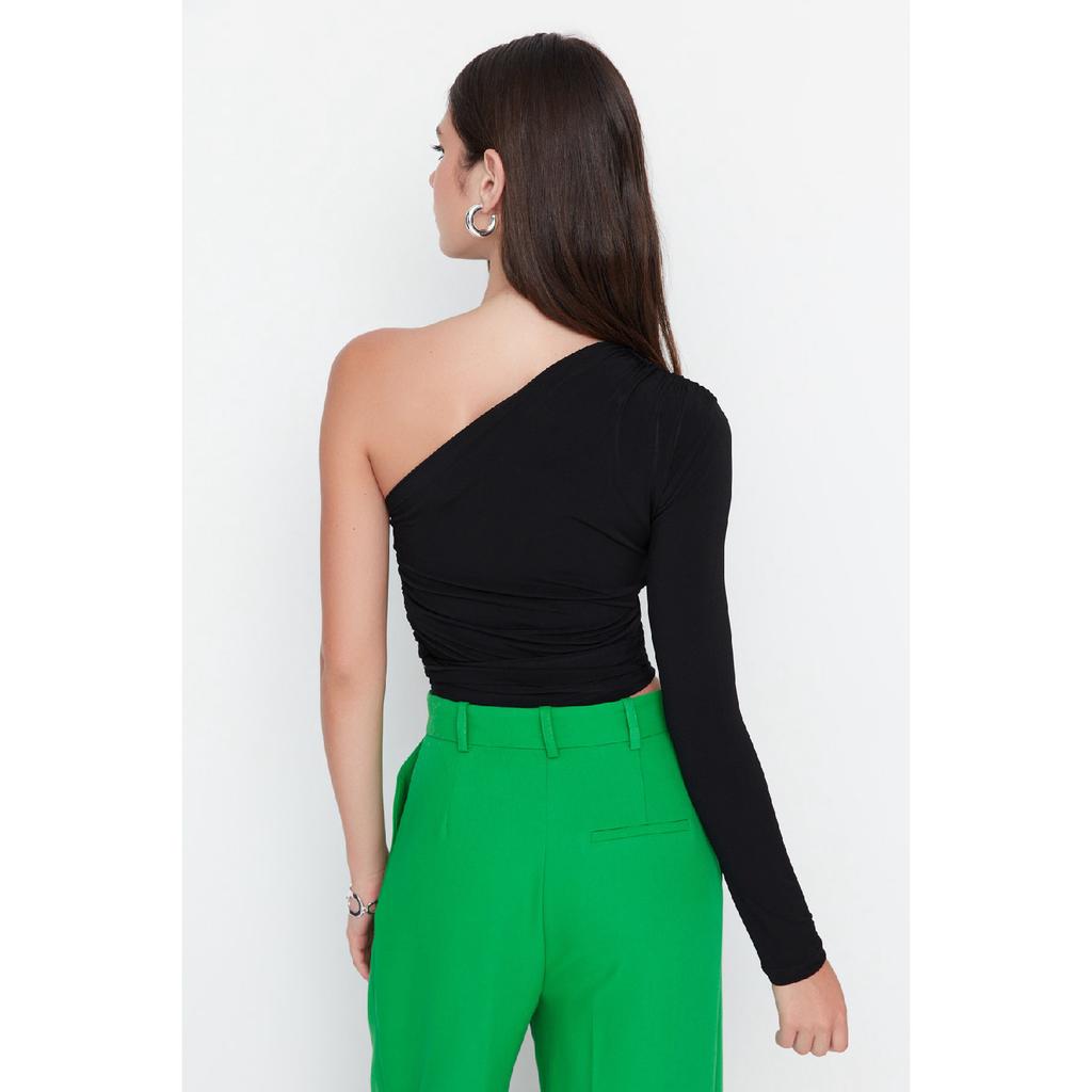 Claret Red Slim Tie Detailed Single Sleeve Crop Stretchy Knitted Blouse Twoaw23bz00094