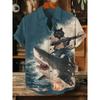 Men's Short-sleeved Shirt with Black Cat Riding a Shark Print, Hawaiian Style, Suitable for Outings, Parties, and Casual Wear.