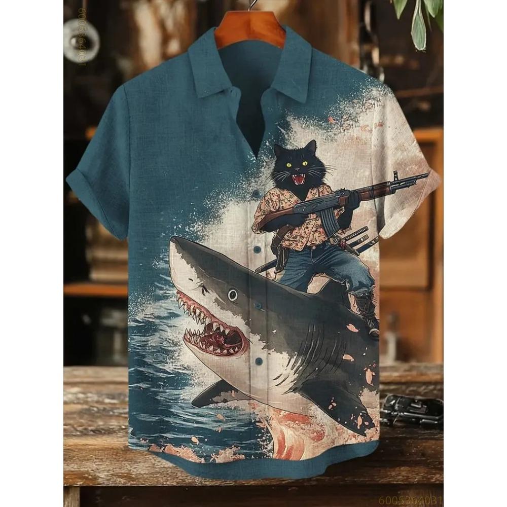 Men's Short-sleeved Shirt with Black Cat Riding a Shark Print, Hawaiian Style, Suitable for Outings, Parties, and Casual Wear.