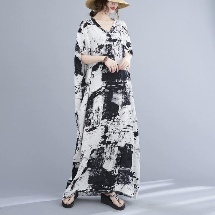 Sommer Damen Übergröße Kleid V-Ausschnitt Bohemian Blumendruck Locker Oversize Maxi Sommerkleid Groß 5104