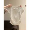 Design-sensory Bow Pleated Waist T-shirt for Women with Round Neck Straight Shoulder Short Sleeve Summer New Small Flying Sleeve Slim Body
