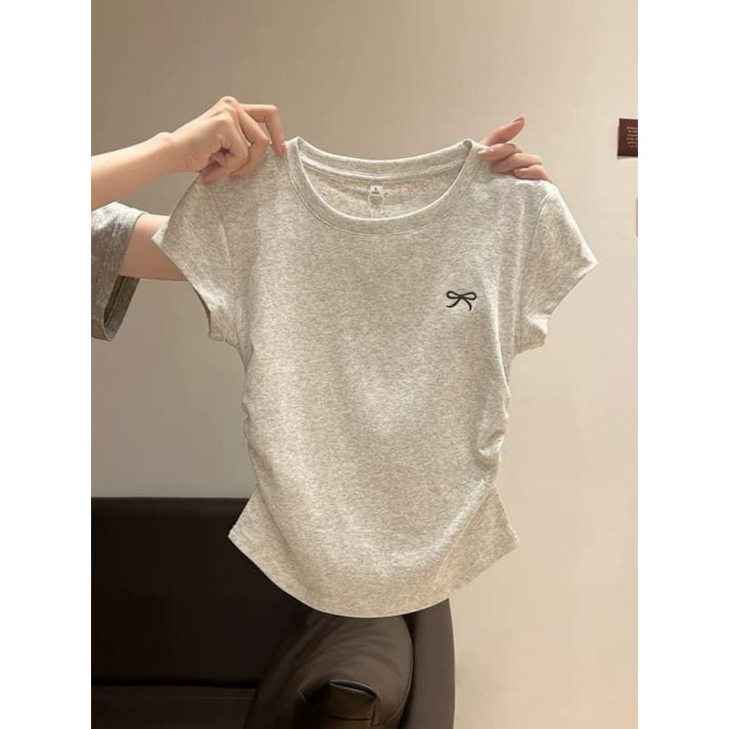 Design-sensory Bow Pleated Waist T-shirt for Women with Round Neck Straight Shoulder Short Sleeve Summer New Small Flying Sleeve Slim Body