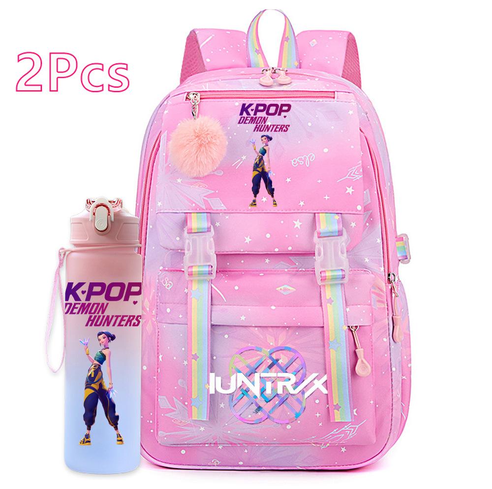 2Pcs/set Cartoon Kpop Printed Backpack with 750Ml Water Bottler for Teenager Girl Boy Bookbag Kid Gift Large Capacity Travel Bag Mochila