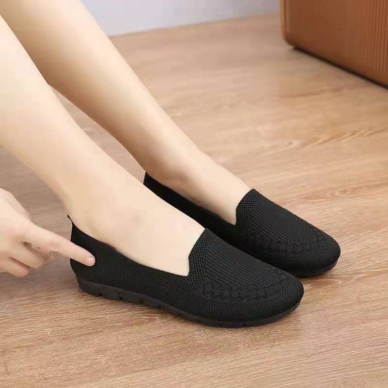 Large size autumn single shoes women's shoes breathable mesh one-pedal flat-soled comfortable flying-woven medium and old mother shoes