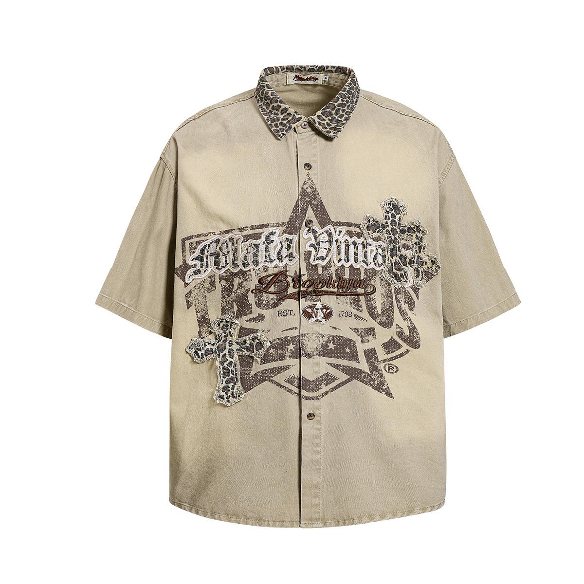 High Street American retro washed old denim shirt cloth embroidered street shirt men M