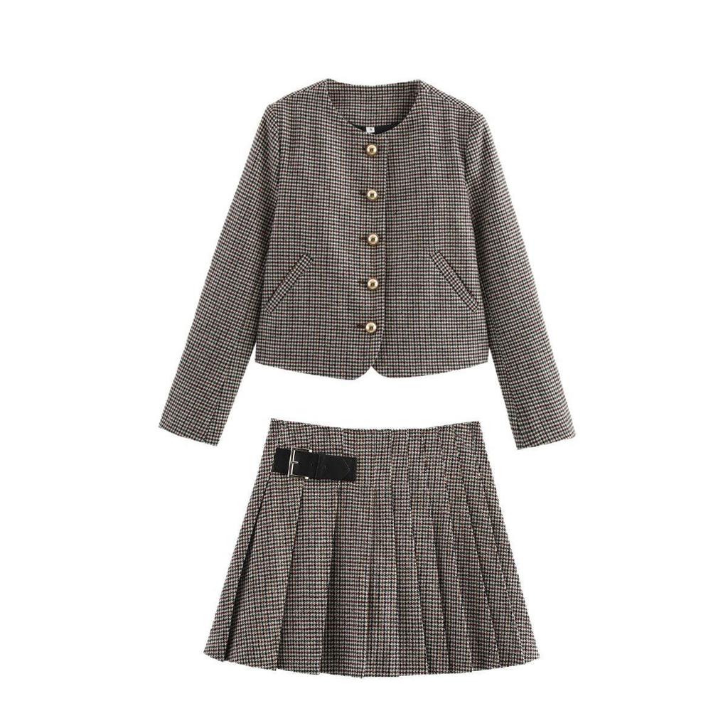 Spring 2025 European & American Women's Fashion Suit: Blazer & Houndstooth Pleated Skirt Set