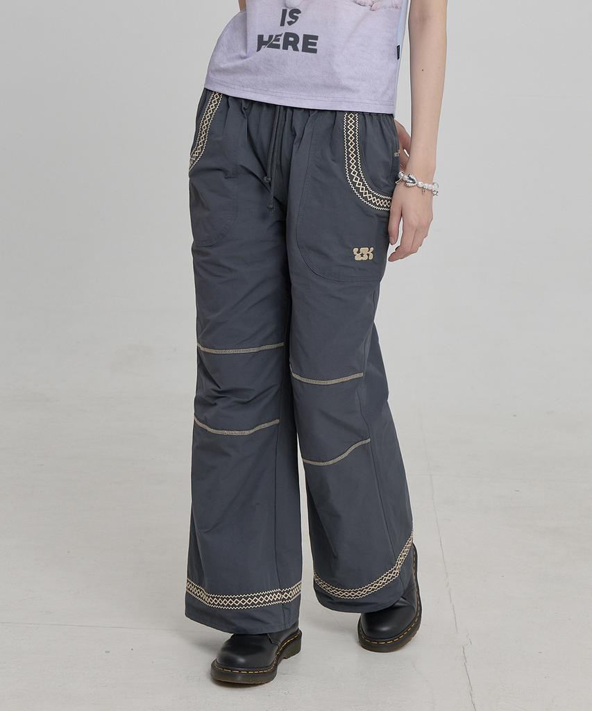 WAIKEI Lace Embroidered Bootcut Cotton Pants Charcoal