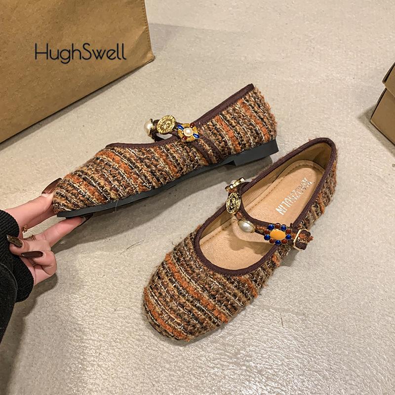 Fashion Ethnic Tweed Knitted Ballet Flats Woman Individual Beads Buckle Ballerina Shoes Ladies Jacquard Design Fluffy Mary Jane Zapatos