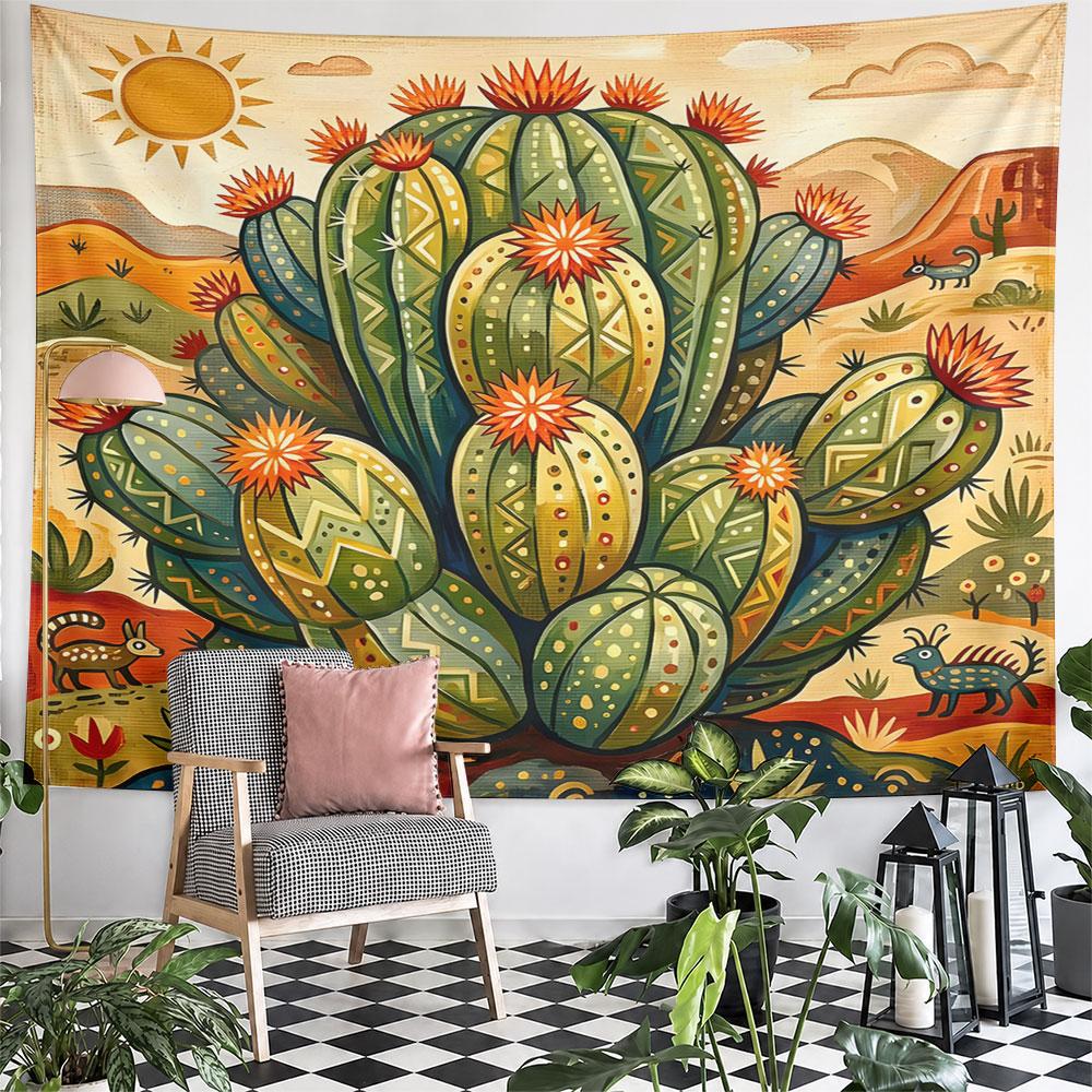 Cactus Art with Desert Animals Scene Pattern Wall Hanging Tapestry Decorative Tapestry Home Decor for Bedroom and Living Room