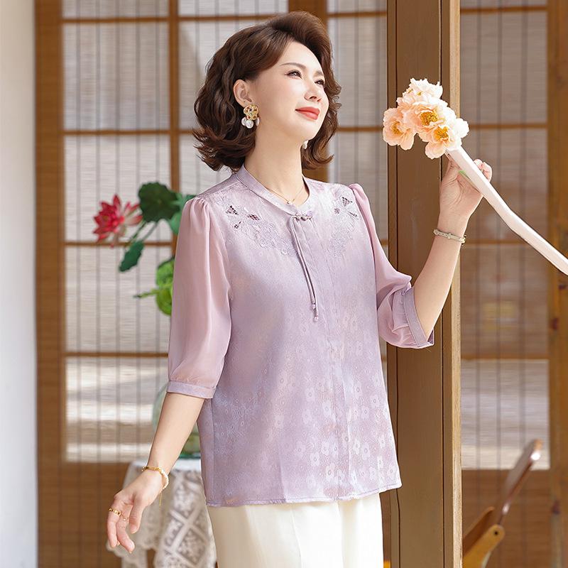 Chinese-Style Summer Top for Mothers: Lightweight, Seven-Point Sleeves, Plus Size, National Style, Ideal for Middle-Aged and Elderly Women