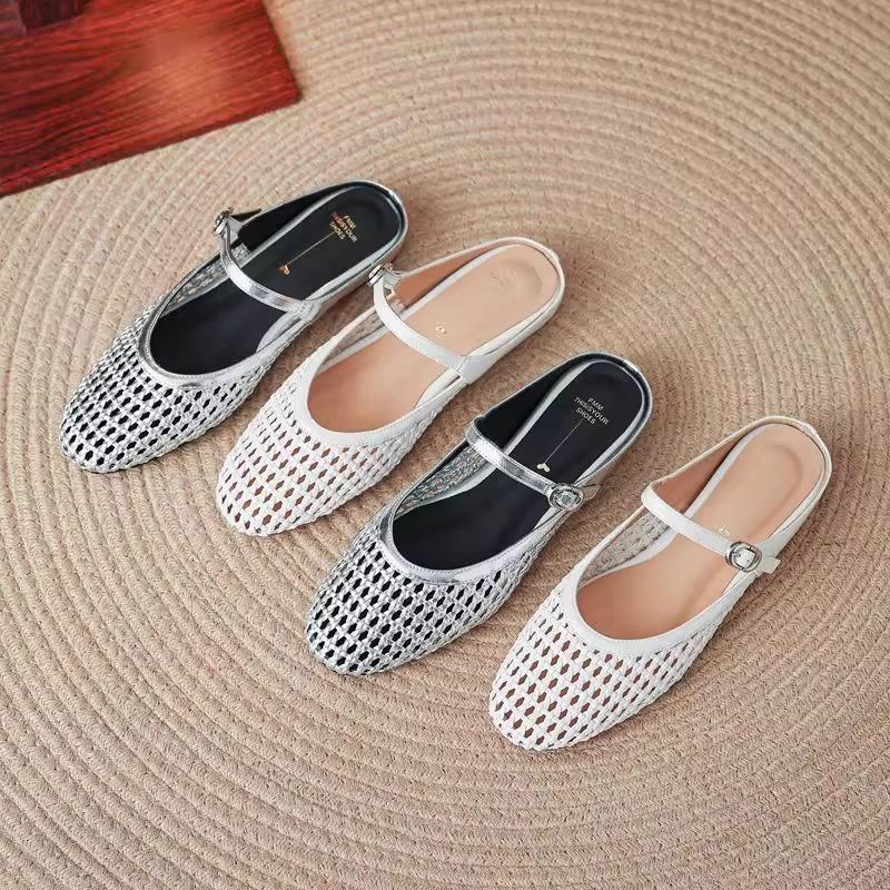 [Fanfna] Mesh hollow bag head drag women's flat bottom low height cool slippers women's one-word belt woven half drag women's shoes