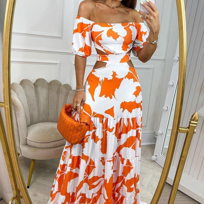 Women Sexy Off Shoulder Printed Lace Up Cutout High Waist Slim Fit Long Swing Dress