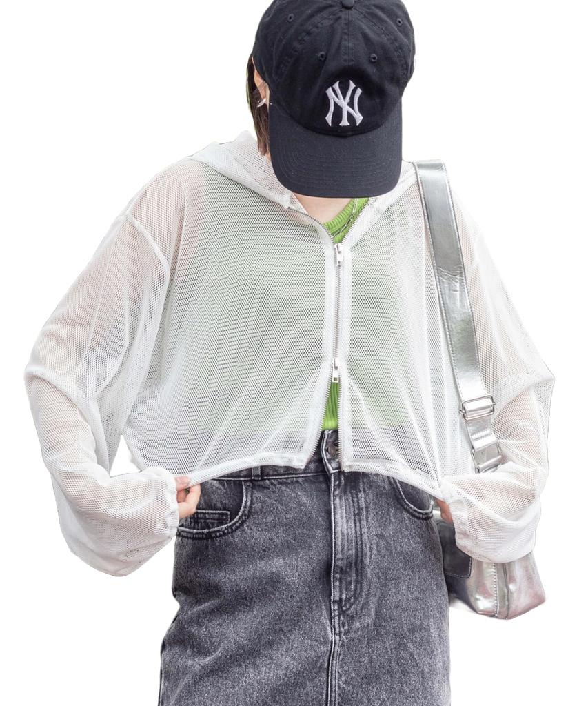 WEGO Mesh Long Sleeve Streetwear Korean Short Summer Size White Women's Double-Zip Hoodie, T-Shirt, Top, Casual, Length, Gift, Clothes, Spring,