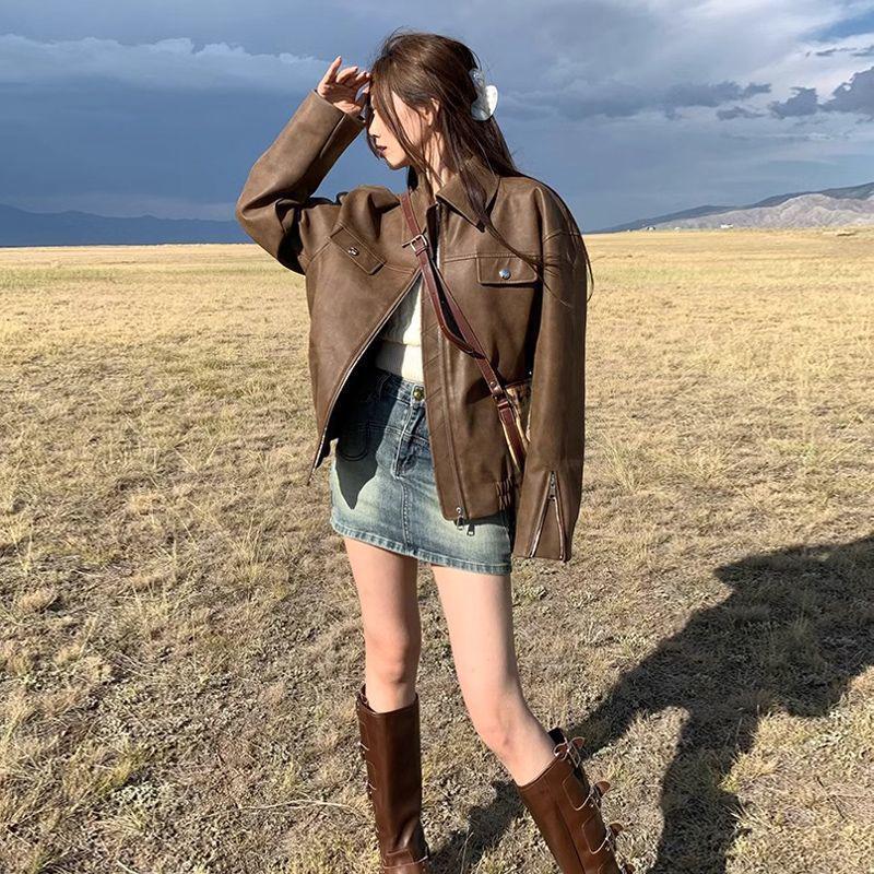 Women's Brown PU Leather Retro Motorcycle Jacket for Spring & Autumn