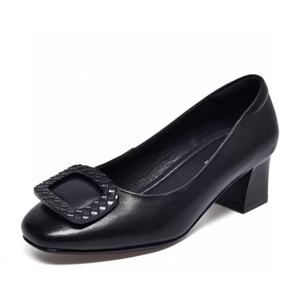 2025 spring and summer new round head square buckle high heels first layer cowhide shallow thick heel work shoes comfortable square heel women's shoes