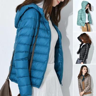 Winter Down Coat Thin Padded Hood Mid Length Full Zipper Windproof Plus Size