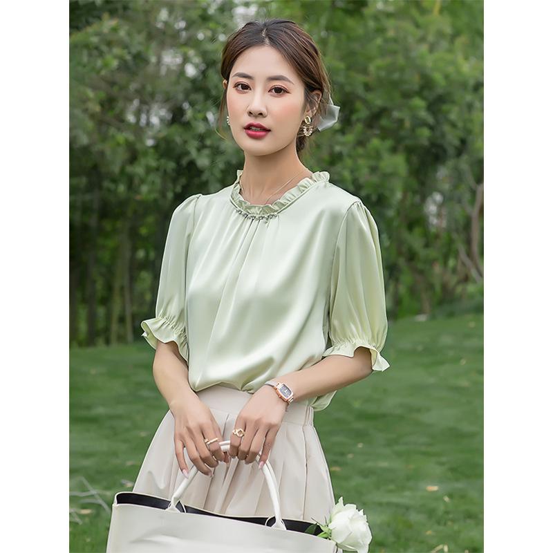 

Женская футболка с коротким рукавом из 19 момми шелка - Летний дизайн, Зеленый Medium мятный зеленый