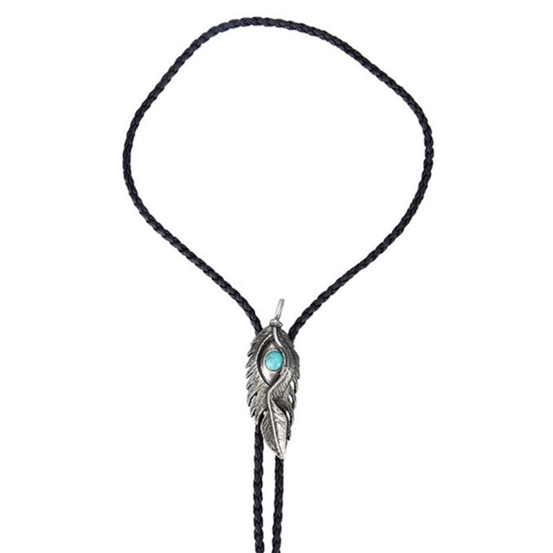 Metal Turquoise Bolo Tie Wing Pattern Feather Necktie for Shirt Jeans Western Necklace Braided Shoestring Necktie Bola-T